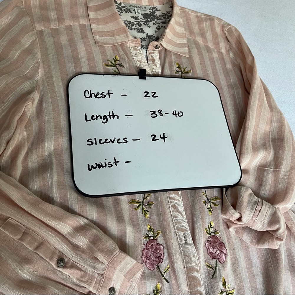 John Mark Mixed Media tunic embroidery linen blend roll tab sleeves Size L - Picture 16 of 16